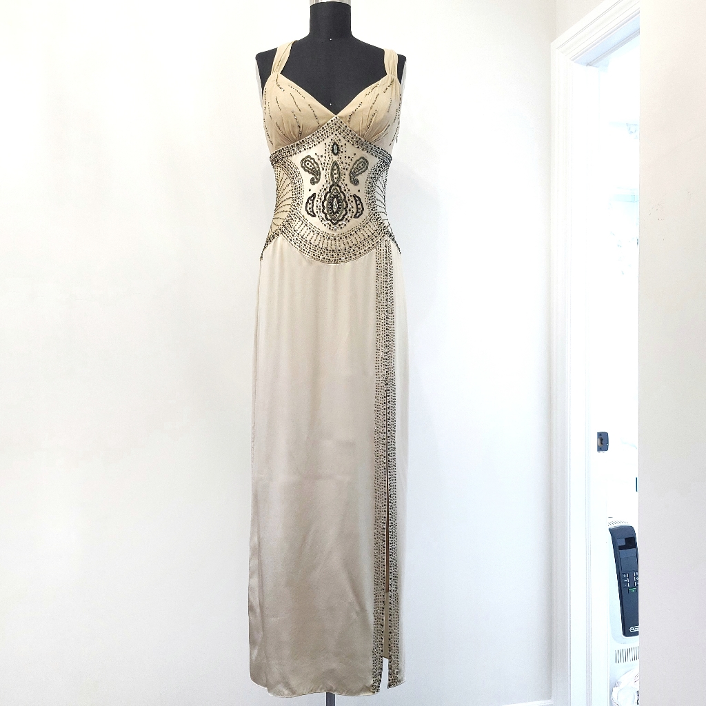 Y2k Silk Gold Hollywood Glam Beaded Sequin Halter Maxi Dress